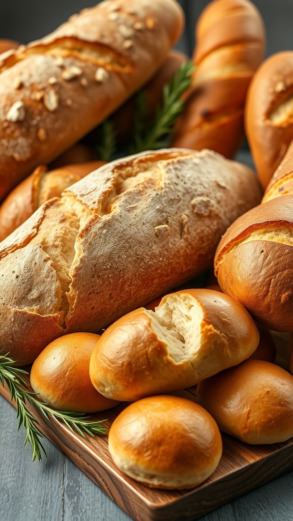 An artisan bread display with sourdough, baguettes, and dinner rolls on a wooden board, garnished with herbs.